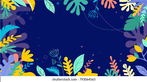 Colorful, vibrant colors palm leaves summer background. Tropical illustration, Jungle foliage with copy space