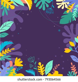 Colorful, vibrant colors palm leaves background. Tropical illustration, Jungle foliage with copy space