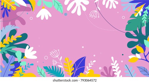 Colorful, vibrant colors palm leaves background. Tropical illustration, Jungle foliage with copy space