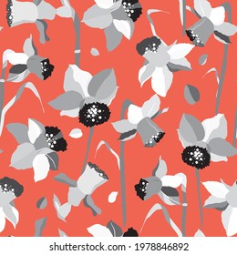 Colorful and vibrant daffodils in a repreating seamless pattern design, modern and creative spring and summer themed vector background