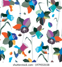 Colorful and vibrant daffodils in a repreating seamless pattern design, modern and creative spring and summer themed vector background