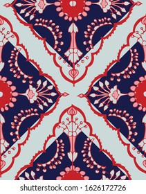 A colorful and vibrant decorative seamless vector pattern with bright colors. Inspired by Persian rugs, this hand drawn design would look great as a website background but could be used on products. 