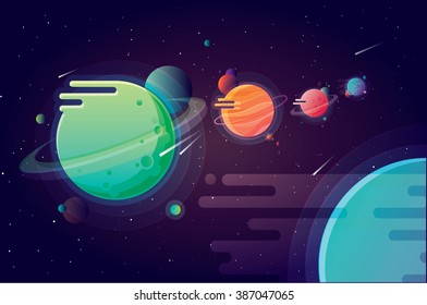 Colorful vibrant fantastic solar system planets isolated on universe background in modern trendy cartoon design style