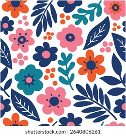 Colorful and vibrant floral pattern with bold shapes and a playful design on white background