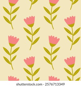 A Colorful and Vibrant Floral Pattern Featuring Beautiful Pink Flowers and Green Leaves