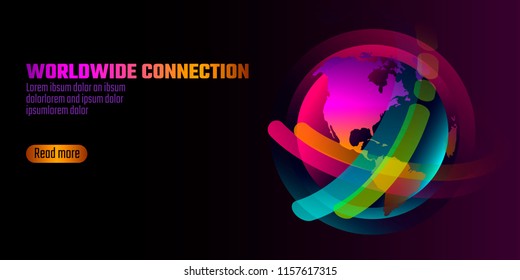 Colorful vibrant globe planet shape banner. Virtual reality space iridescent fluid gradient neon shapes. Liquid splash bubble. Augmented media. Worldwide connection technology vector illustration