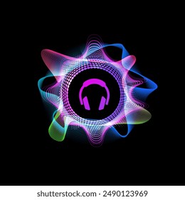 Colorful vibrant gradient circular curve sound waves with headphones icon. Radial audio impulse signal. Music sound equalizer, radio frequency, volume lines frame. Vector illustration