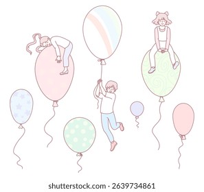 A colorful and vibrant illustration depicts characters joyfully interacting with numerous balloons in a playful setting