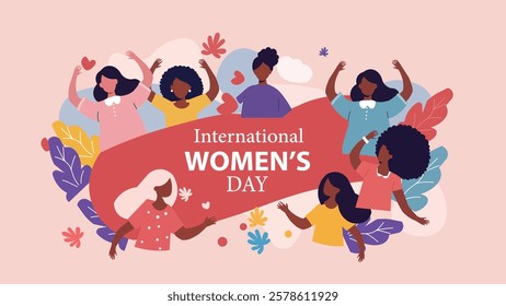 Colorful and vibrant illustration for International Women's Day showcasing diverse women in celebration, symbolizing empowerment, unity, and the strength of women worldwide