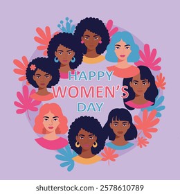 Colorful and vibrant illustration for Women's Day featuring a circle of diverse women, celebrating unity, empowerment, and the beauty of women from different backgrounds