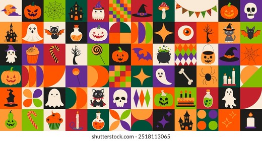 A colorful and vibrant image of Halloween decorations, including pumpkins, ghosts, witches, and other spooky icons. The image is a collage of various Halloween-themed designs, creating a festive