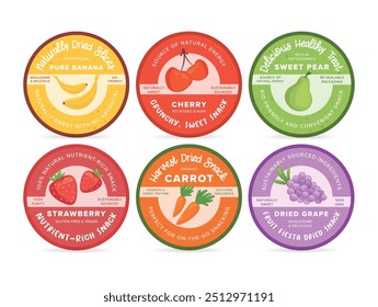 Colorful and vibrant labels showcase a variety of dried fruit snacks, including banana, cherry, pear, strawberry, carrot, and grape, emphasizing their natural ingredients.