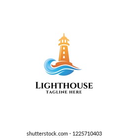 Colorful vibrant lighthouse tower, sea and water wave icon logo design