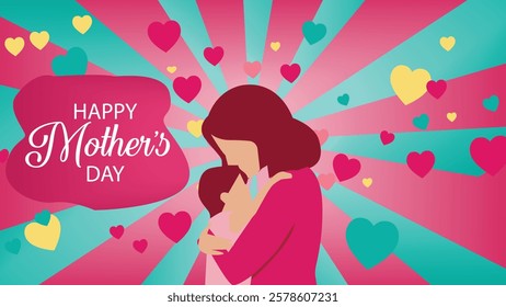 Colorful and vibrant Mother's Day illustration featuring a mother and child hugging, surrounded by hearts, symbolizing love, warmth, and the special bond between mother and child.