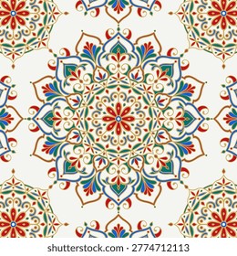 Colorful and Vibrant pattern mandala design. Vintage Ornament, colorful and intricate vector design. Decorative elements, Festival, Arabic, Indian, Moroccan, Spain, Turkish, Pakistan, ottoman motifs. Circular design for wallpaper, wedding, events, dance floor.