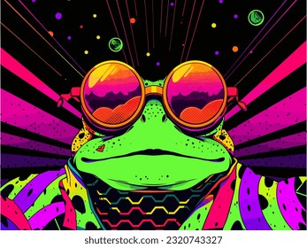 A colorful and vibrant pop art illustration of a young frog wearing sunglasses