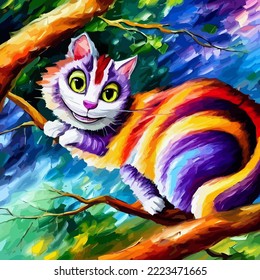 A colorful and vibrant portrait of a Cheshire cat resting in a tree, created with digital palette knife and brush stroke effects.
 svg