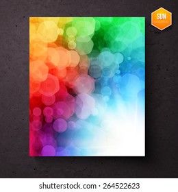Colorful vibrant rainbow abstract pattern with a bokeh of geometric hexagons above a bright white sunburst , vector illustration