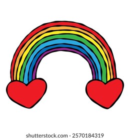 Colorful vibrant rainbow with hearts. Hand drawn doodle style. Love themed design, red line isolated on a white background. Valentine, pride, decor, web, cards, greeting cards, prints