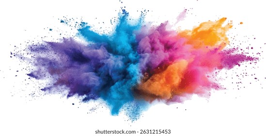 colorful vibrant rainbow Holi paint color powder explosion with bright colors isolated white background.