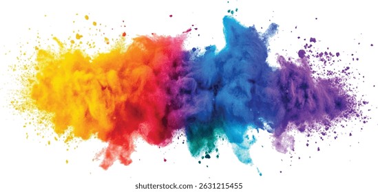 colorful vibrant rainbow Holi paint color powder explosion with bright colors isolated white background.