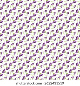 A colorful and vibrant seamless pattern featuring purple flowers highlighted with green leaves, creating a playful and cheerful atmosphere for fabric, wallpaper, or graphic design applications.