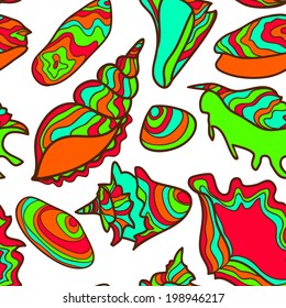 Colorful vibrant seamless pattern with seashells isolated on white