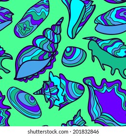 Colorful vibrant seamless pattern with seashells isolated on green. Summer background.