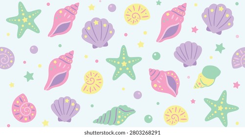 Colorful vibrant seashell seamless pattern, bright beach party background vector