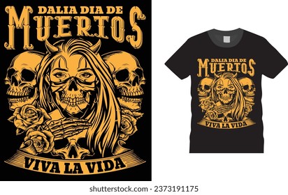 A colorful and vibrant skull design with swirling patterns and intricate details. The skull is surrounded by flowers, candles, and other traditional Day of the Dead symbols. 