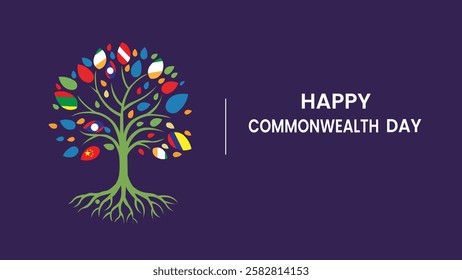 A colorful and vibrant tree with multicolored leaves representing unity, diversity, and the growth of the Commonwealth nations. 