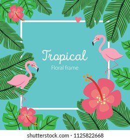 Colorful and vibrant tropical border design with flowers, palm leaves and birds. Vector illustration. Flamingo.Cartoon style. Flat design. 
