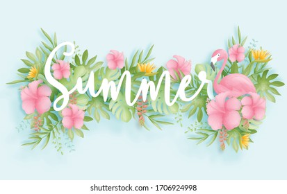 Colorful and vibrant tropical summer sale background design with bird, palm leaves and flowers. paper cut style. Vector illustration. 