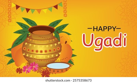 Colorful and vibrant Ugadi festival greeting featuring a traditional Ugadi pot (symbolizing prosperity) decorated with mango leaves, fruits, and flowers with 'Happy Ugadi' text in bold