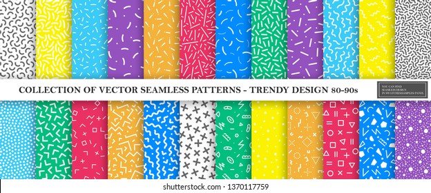 Colorful vibrant vector collection of memphis seamless patterns. Fashion design 80-90s. Bright stylish textures. You can find repeatable backgrounds in swatches panel.