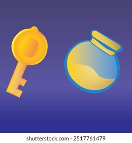 A colorful and vibrant vector illustration of a golden key and a magical potion bottle. Perfect for fantasy-themed projects, games, and designs that need mystical or adventure elements.