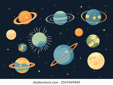 Colorful and vibrant vector illustration of various planets in the solar system set against a dark starry background	