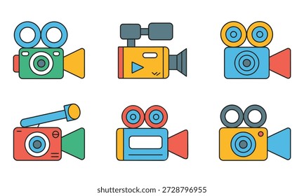Colorful video camera icons in different styles and shapes