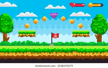 Nível colorido de videogame com árvores, plataformas, moedas, uma bandeira e um diamante em um estilo de arte pixel. Ideal para jogos retrô, jogos de plataforma, aventura, arte digital e projetos de design de jogos