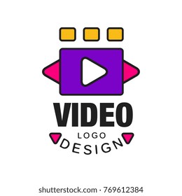 Colorful video logo template creative design with play button. Cinematography or film industry concept. Flat line style vector icon illustration.