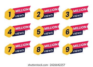Colorful View Milestone Badges. 1 million views to 9 million views celebration badge design vector elements.