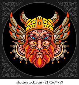 Colorful Viking head zentangle arts. isolated on black background