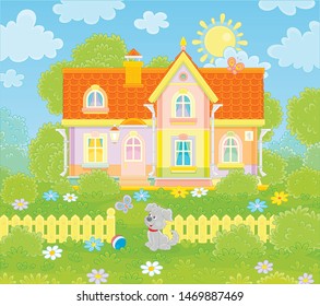 Colorful village house and a cute grey pup watching funny butterflies flittering among flowers on green grass of a lawn on a sunny summer day, vector illustration in a cartoon style