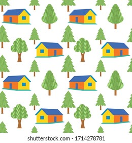 Colorful village house with green trees seamless pattern for textile, wrapping and wallpaper on white background. Home in forest  area endless fabric for bedsheet.