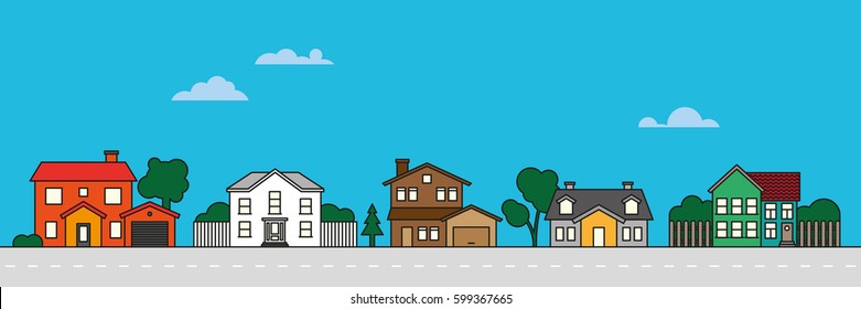 Colorful Village Neighborhood Vector Illustration. Residential Buildings On Suburban Street.