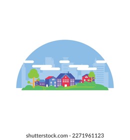 Colorful village skyline with modern building architecture illustration