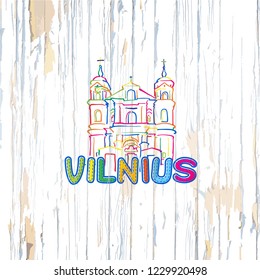 Colorful Vilnius drawing on wooden background