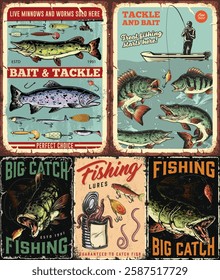 Colorful vintage advertisements highlight various fishing lures and tackle. They promote enticing slogans about fishing gear featuring illustrations of fish and fishing activities.