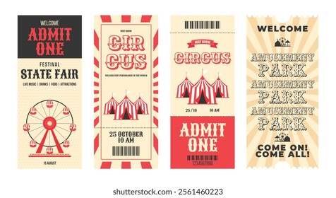 Colorful vintage amusement park, ciscus, state fair ticket set. Ferris wheel, circus tent, carousel, decorative elements and more details events. Vertical flat vector illustration on white background