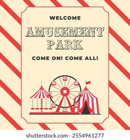 Colorful vintage amusement park invitation card. Ferris wheel, circus tent, carousel in flat style. Retro vector illustration. Concept for advertising banner, poster, flyer, post and more